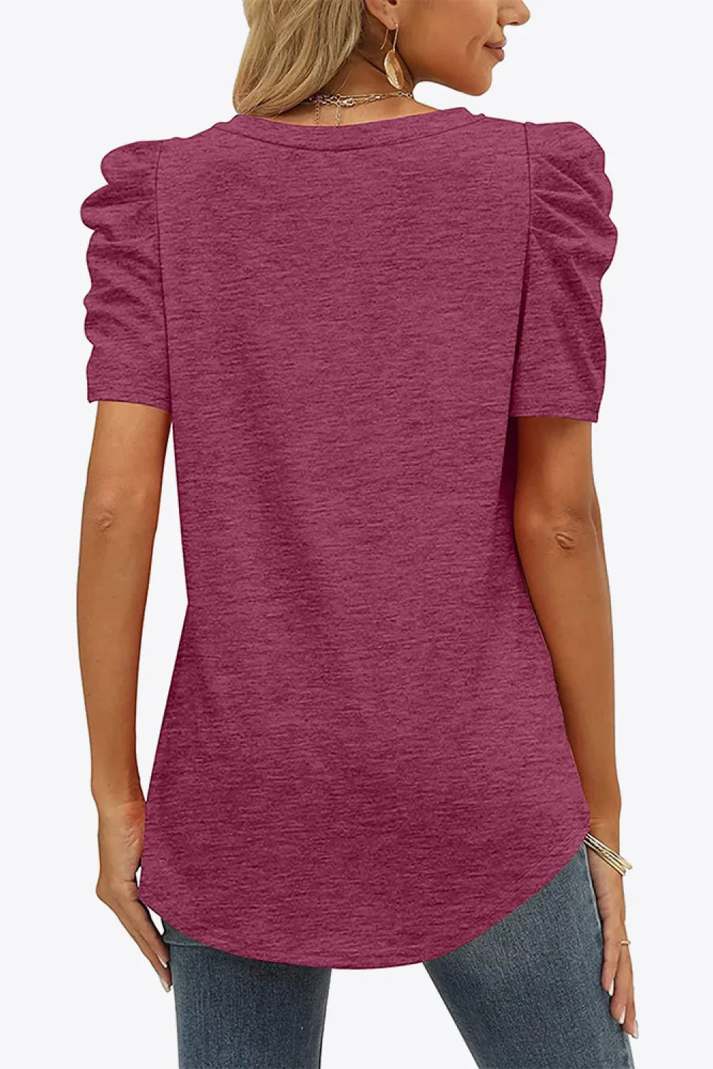 V-Neck Puff Sleeve Tee With Stretchy Fabric - Southern Shores Clothing