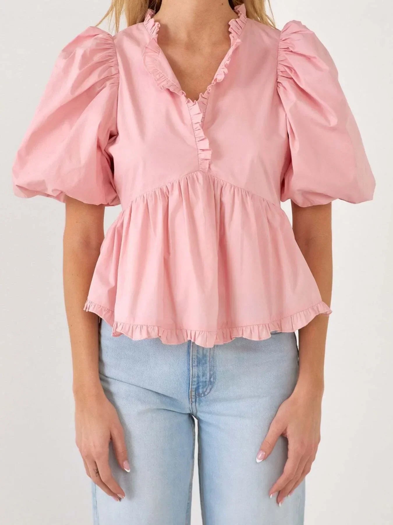 Stylish Southern Shores Clothing Puff Sleeve Peplum Blouse With Ruffles In 100% Polyester Fabric - Southern Shores Clothing