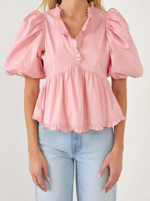 Stylish Southern Shores Clothing Puff Sleeve Peplum Blouse With Ruffles In 100% Polyester Fabric - Southern Shores Clothing