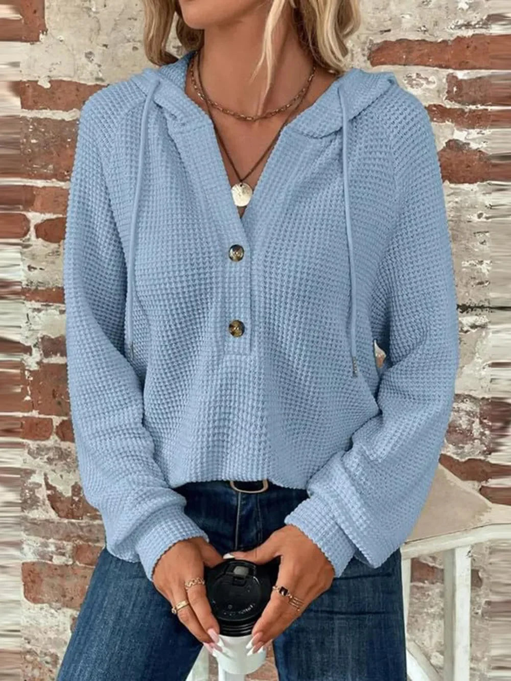 Waffle Knit Long Sleeve Drawstring Hooded Top - Southern Shores Clothing