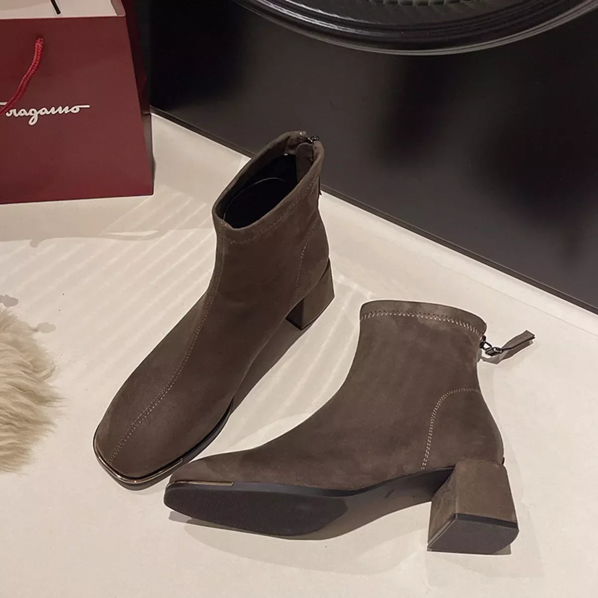 Square Toe Block Low Heel Suede Ankle Boots - Southern Shores Clothing