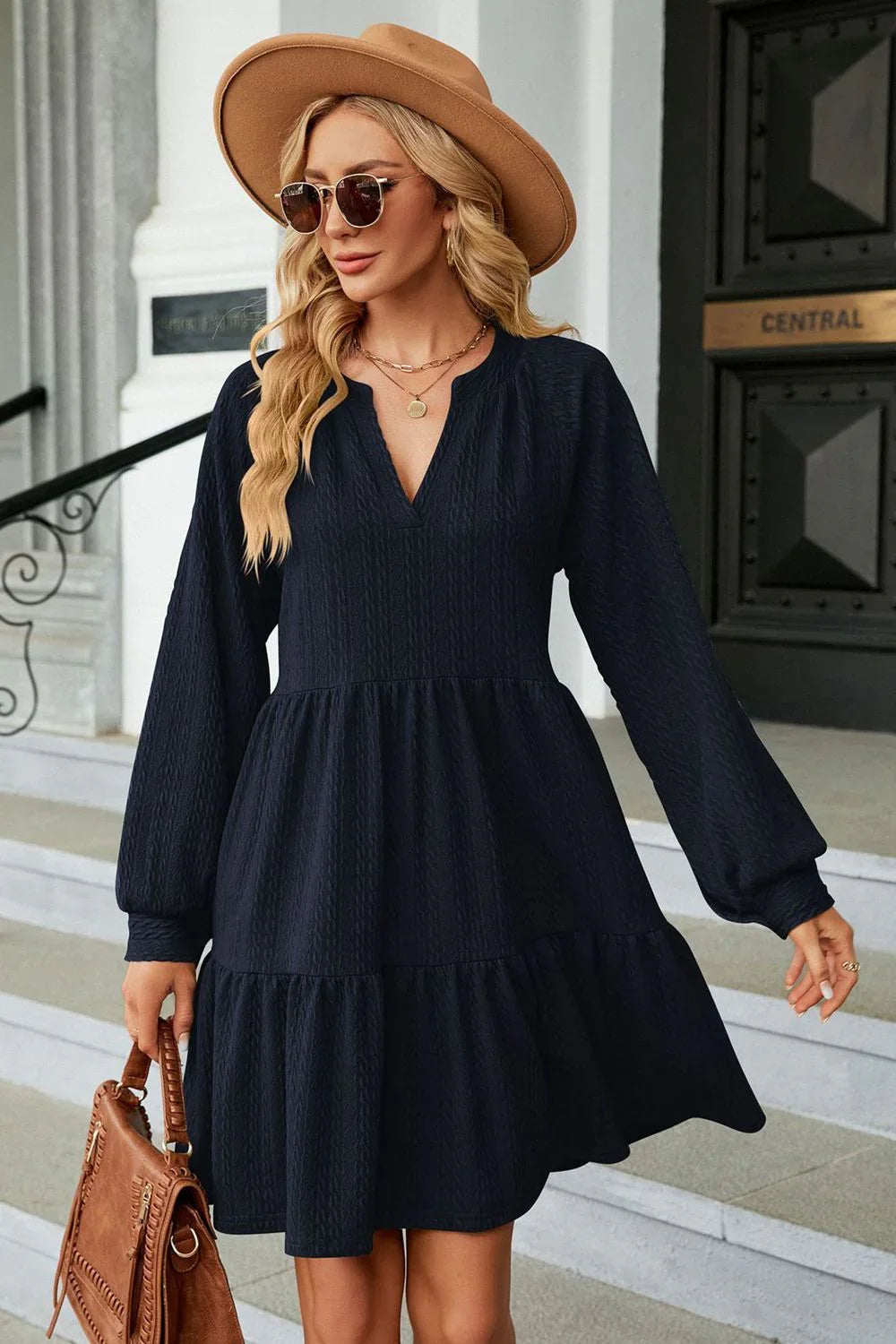 Notched Neck Long Sleeve Mini Dress - Southern Shores Clothing