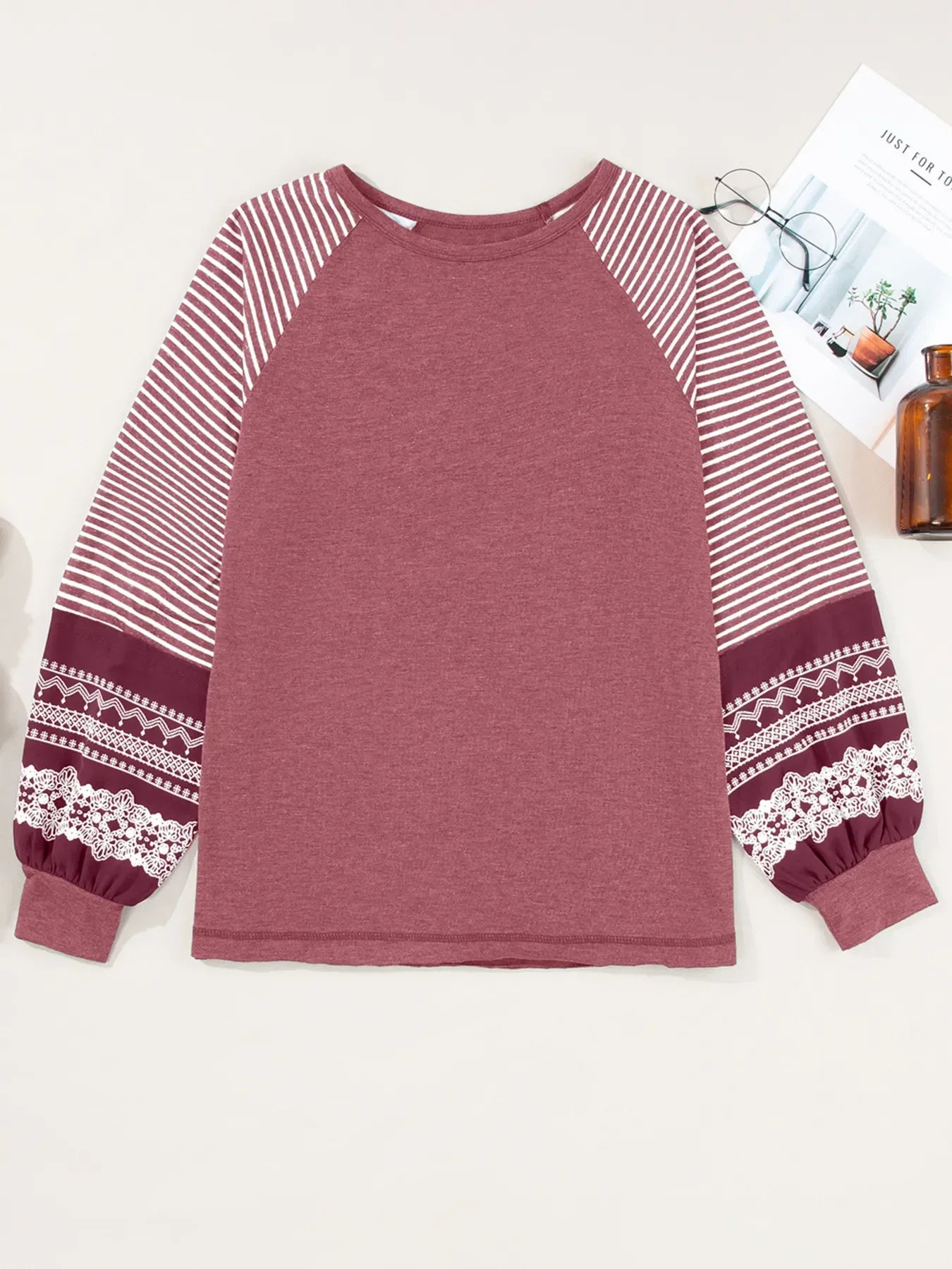 Contrast Print Striped Raglan Long Sleeve Loose Top - Southern Shores Clothing