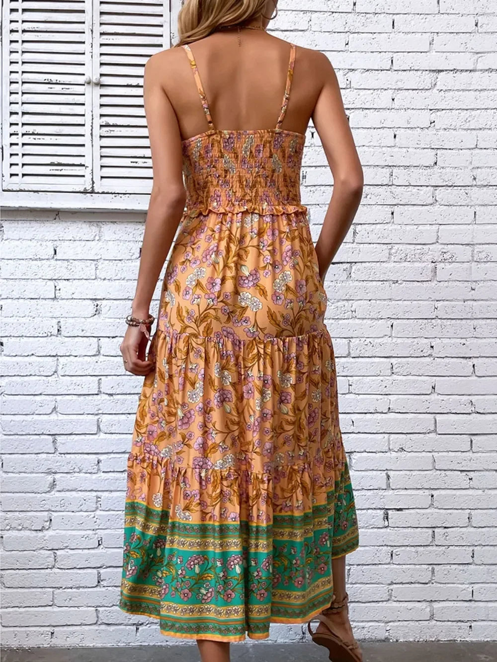 Floral Printed Square Neck Midi Cami Dress With Smocked Bodice - Southern Shores Clothing