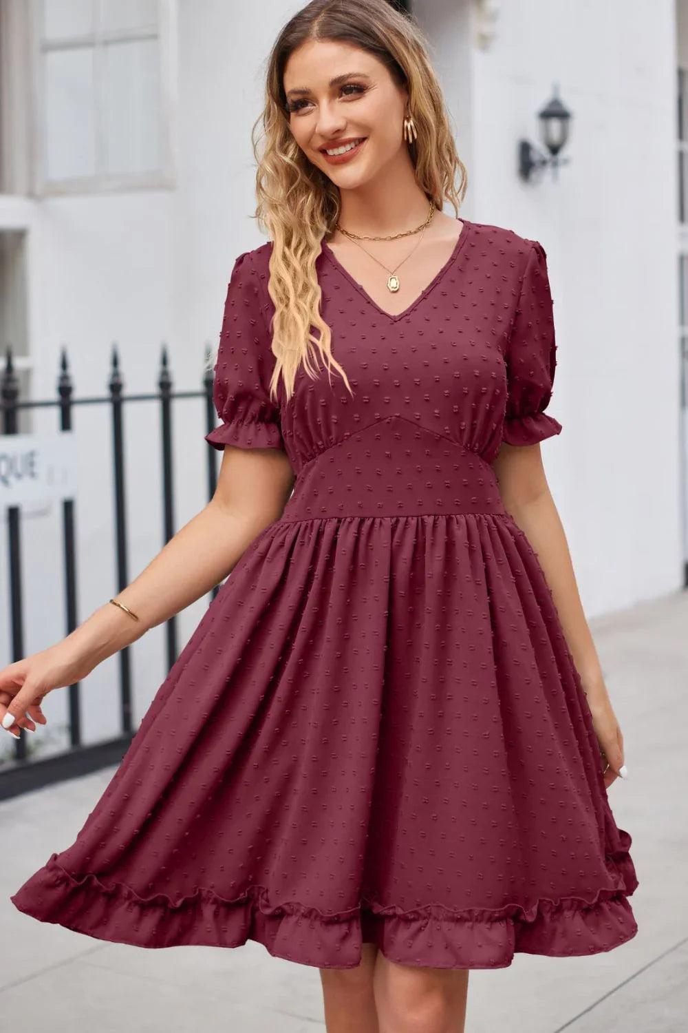 Swiss Dot Frill Trim Flounce Sleeve V Neck Dress - Southern Shores Clothing