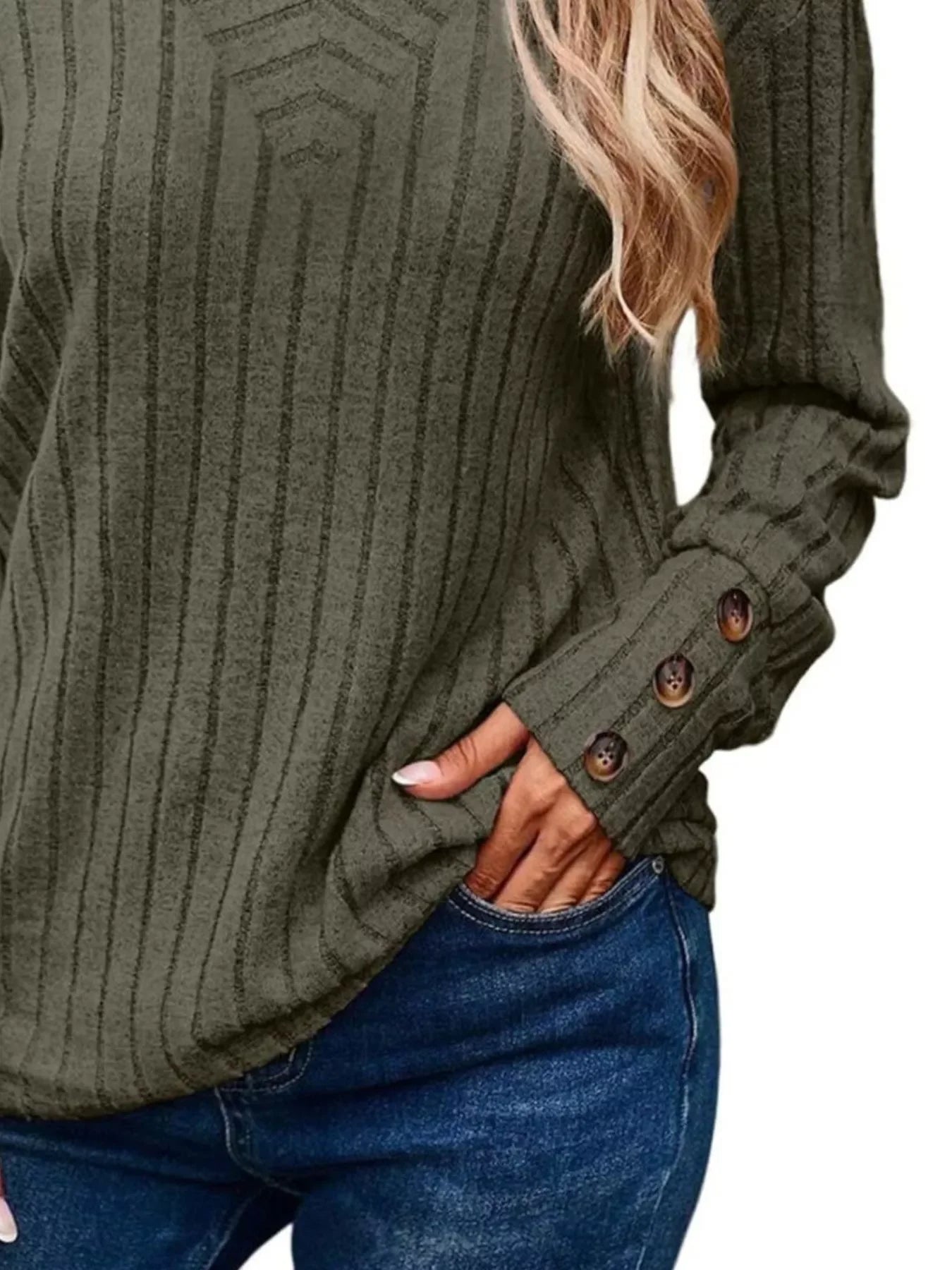 Ribbed V-Neck Long Sleeve Buttoned Stretchy Top - Southern Shores Clothing