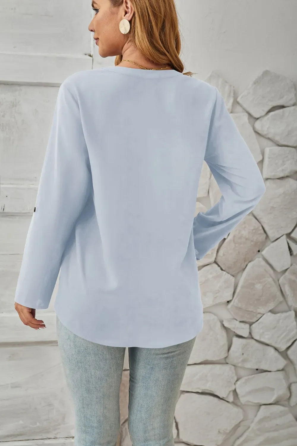 Decorative Button Notched Long Sleeve Blouse - Southern Shores Clothing