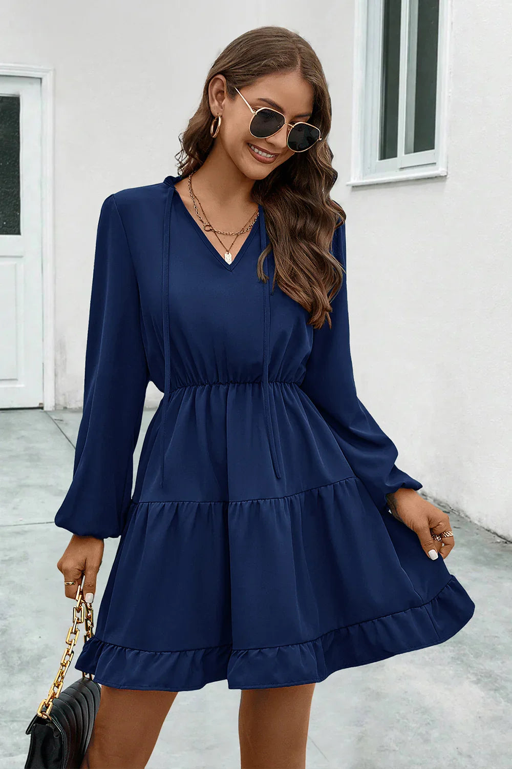 V-Neck Tie Neck Long Sleeve Dress - Southern Shores Clothing