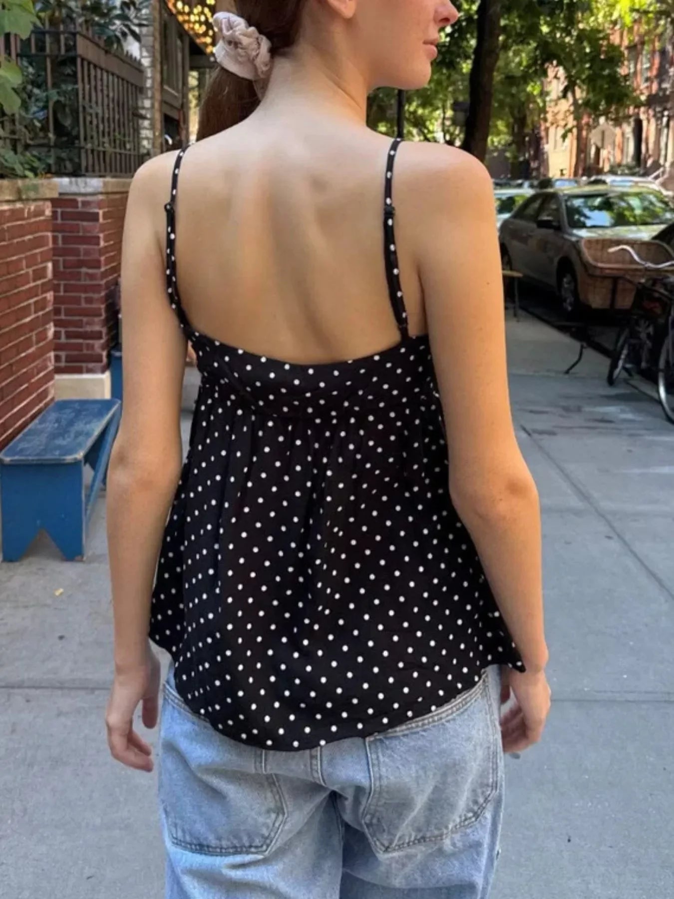 Flowy V Neck Polka Dot Camisole With Adjustable Spaghetti Straps - Southern Shores Clothing