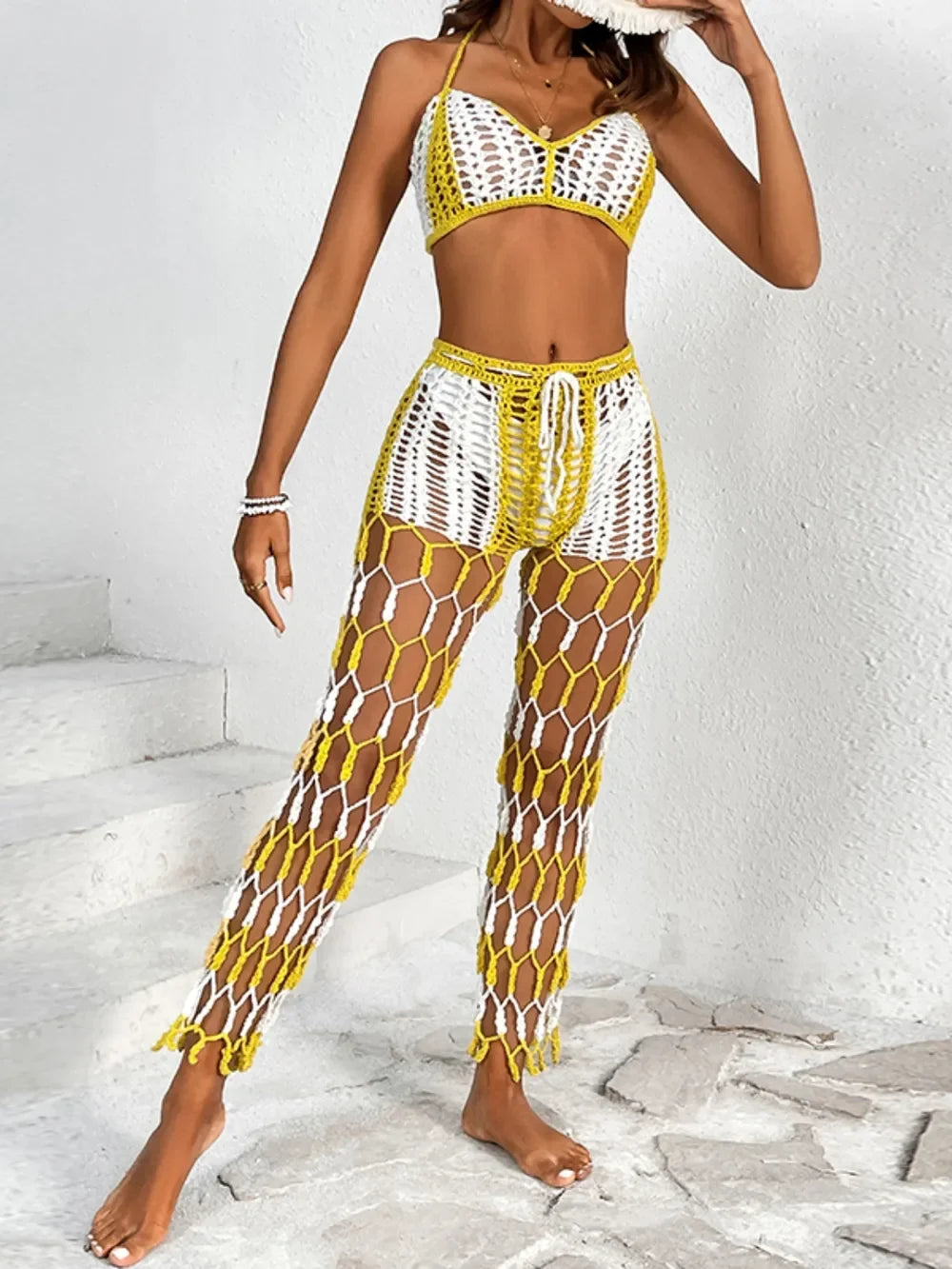 Cutout Crochet Halter Top And Netted Pants Two-Piece Swim Set - Southern Shores Clothing