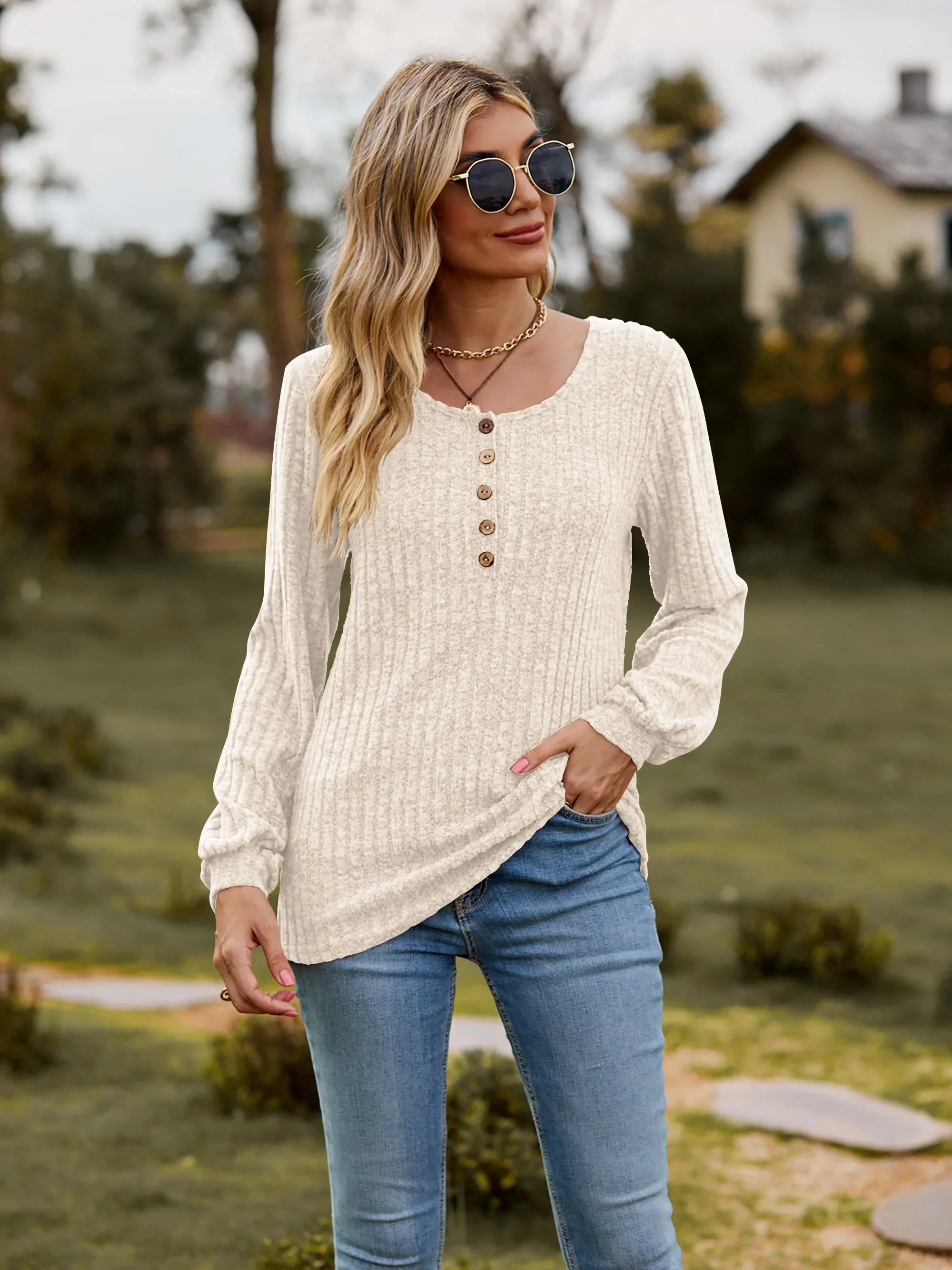 Stretchy Heathered Round Neck Button-Down Long Sleeve Tee - Southern Shores Clothing