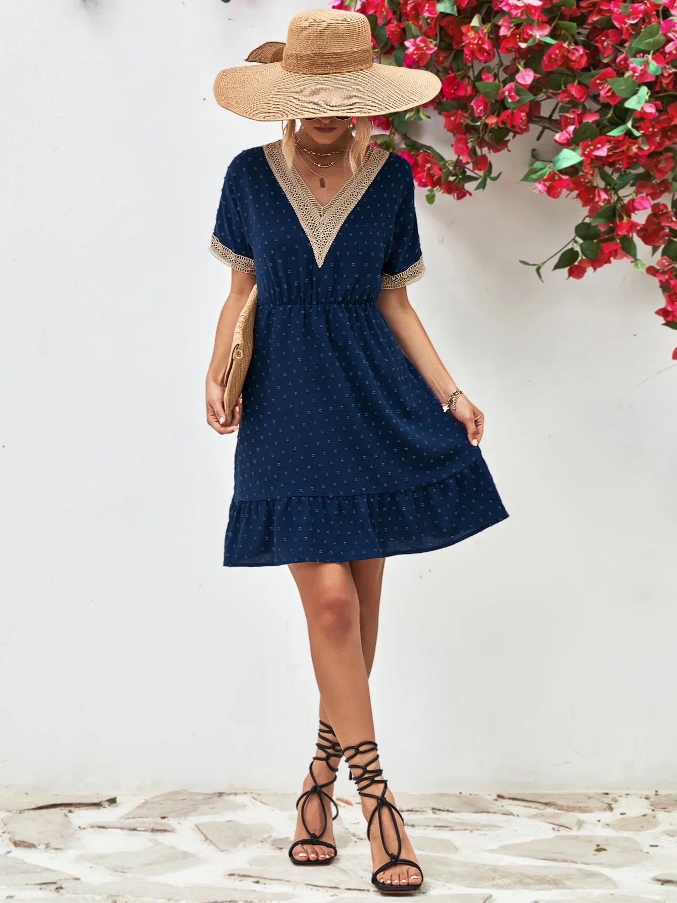 Contrast V-Neck Short Sleeve Mini Dress - Southern Shores Clothing