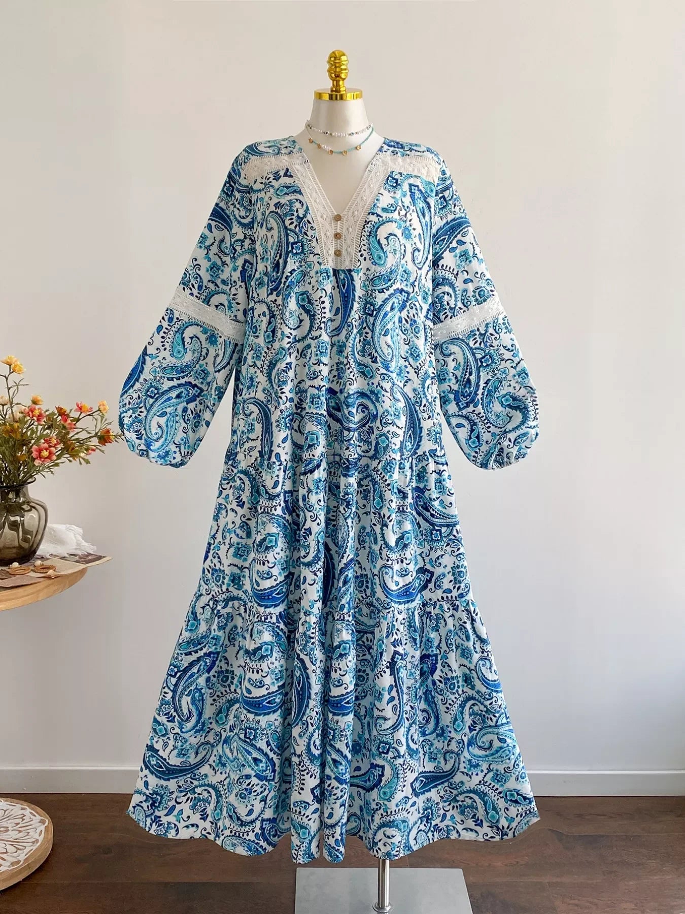 Bohemian Paisley Print V-Neck Dress With Lace And Button - Southern Shores Clothing
