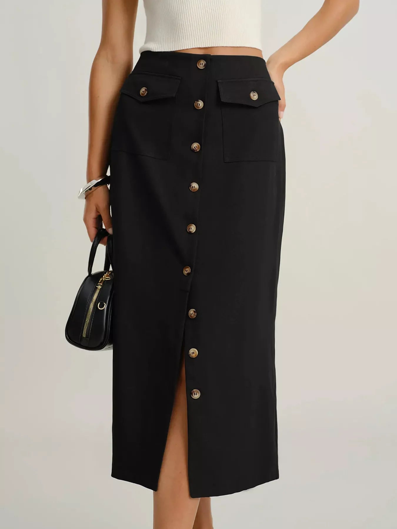 Button-Front Pocketed Midi Skirt With Breathable Fabric - Southern Shores Clothing