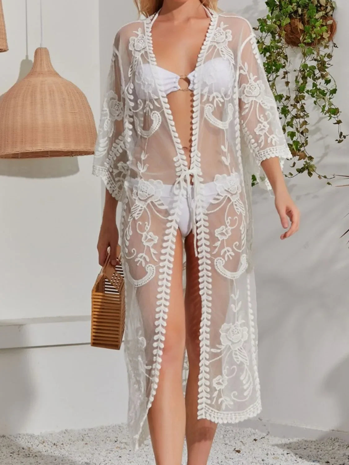 Lace Detail Open Front Longline Cover Up One Size