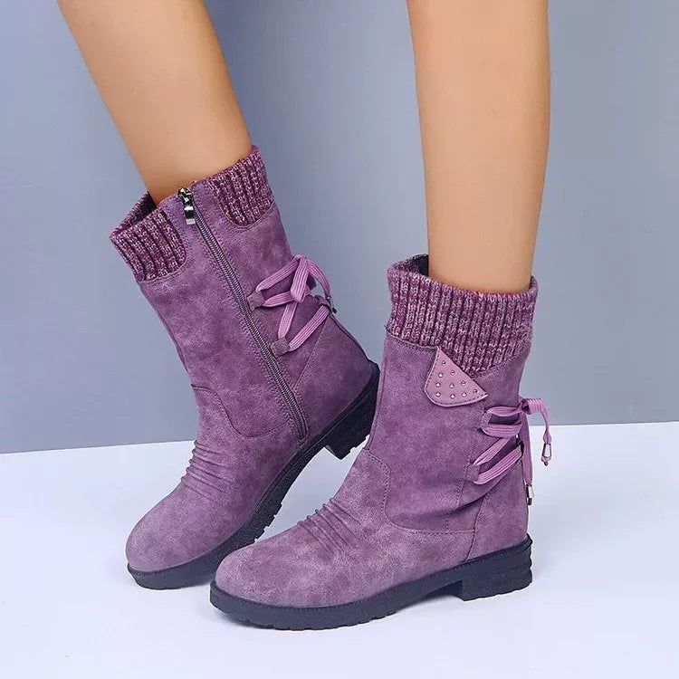 Knitted Cuff Round Toe Boots Suede Rubber Sole - Southern Shores Clothing