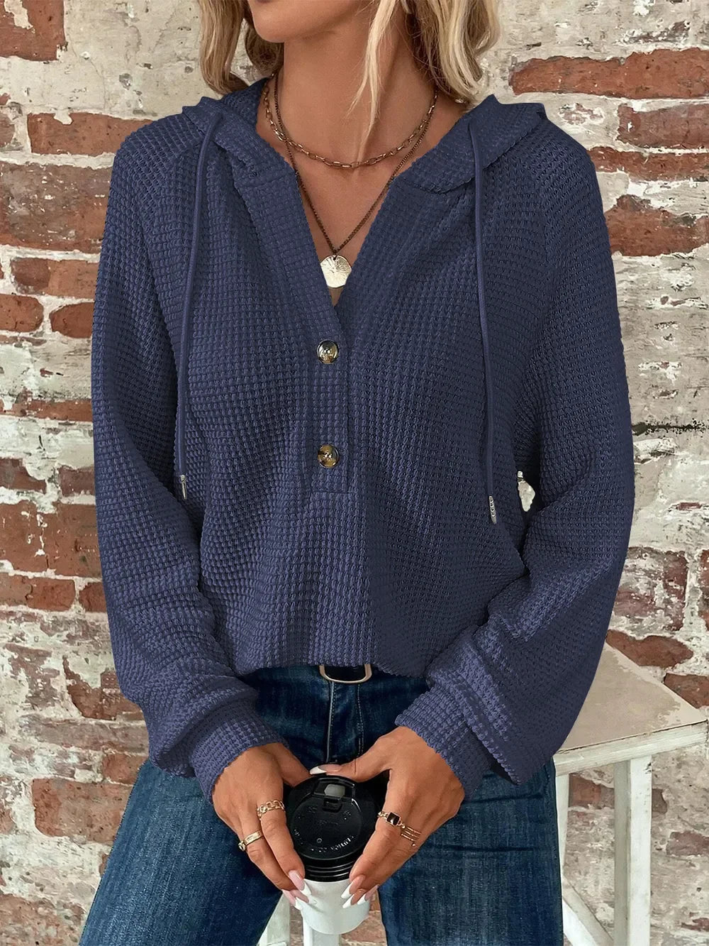 Waffle Knit Long Sleeve Drawstring Hooded Top - Southern Shores Clothing