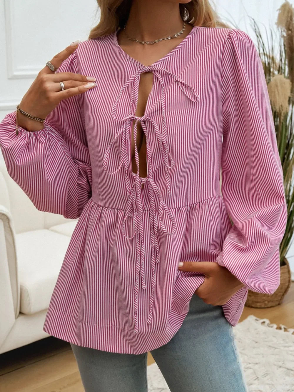Tied Striped Long Sleeve Blouse For Everyday Wear - Southern Shores Clothing