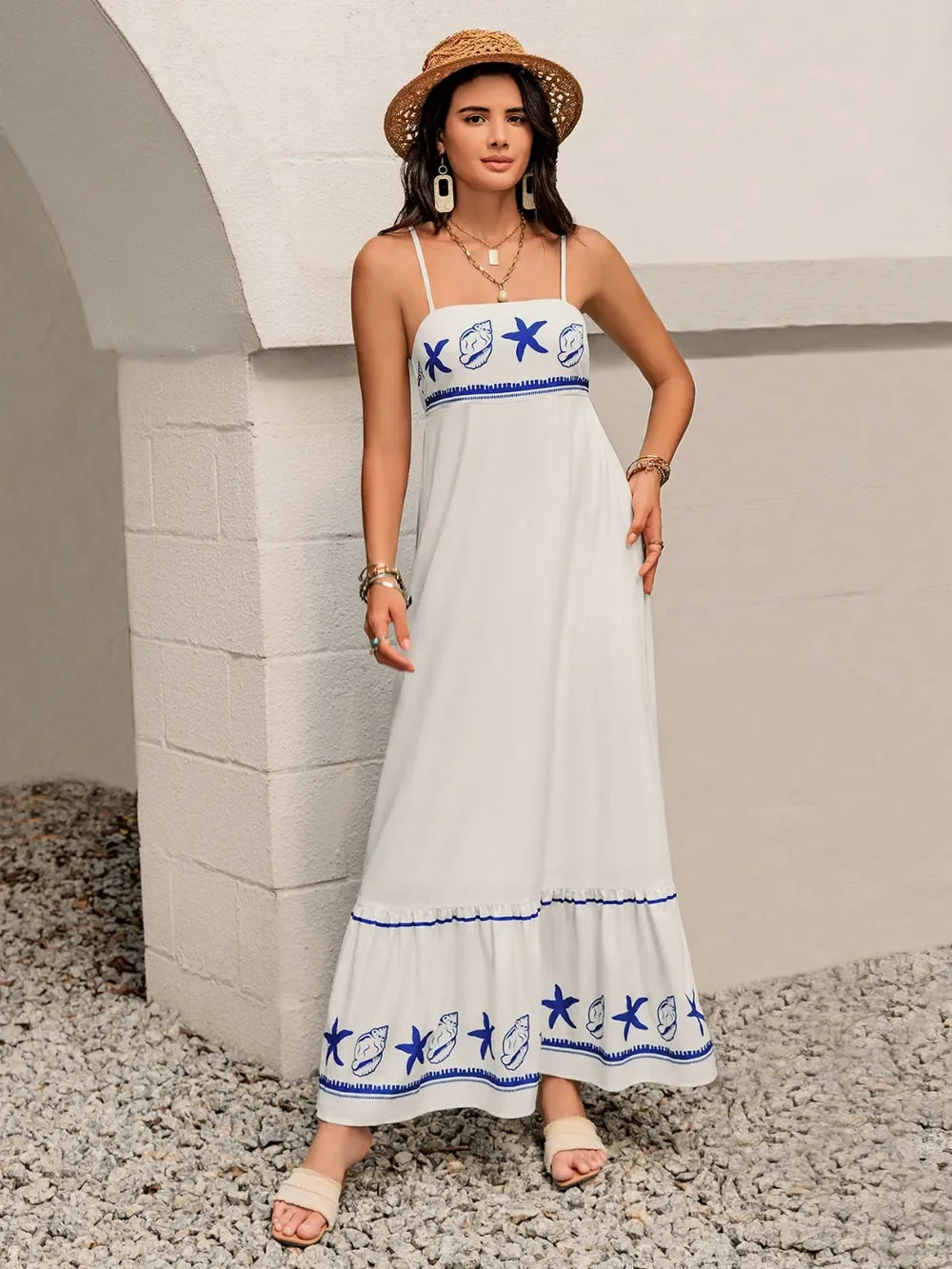 Printed Square Neck Maxi Cami Dress With Embroidered Border - Southern Shores Clothing