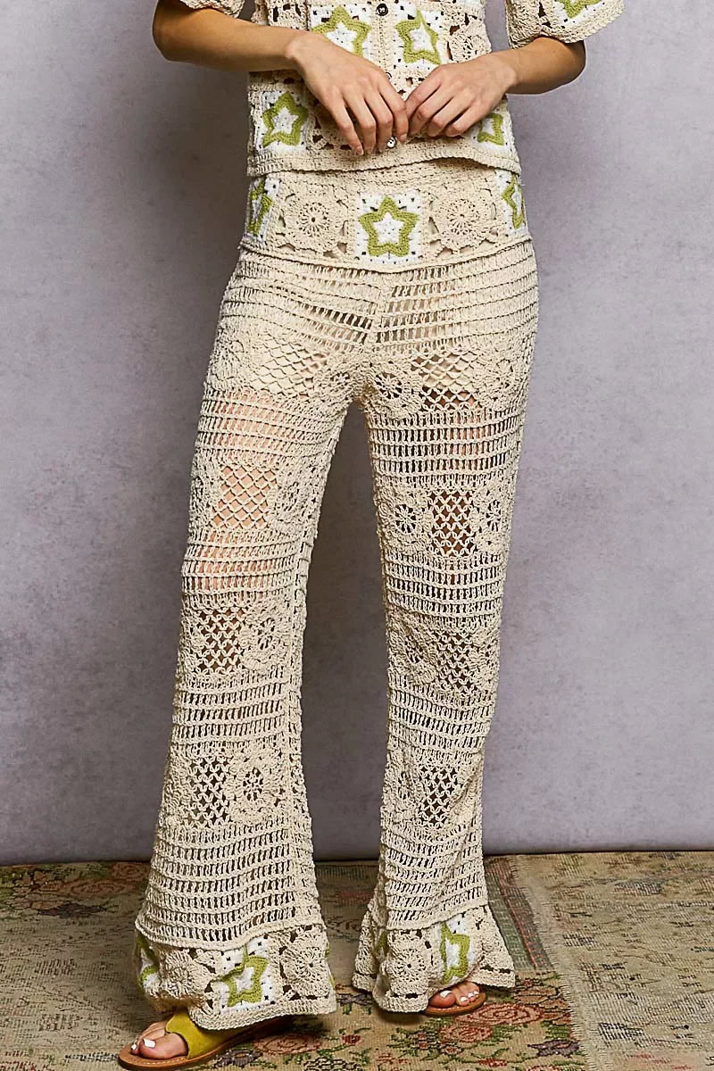 Openwork Crochet Flare Pants Contrast Star - Southern Shores Clothing