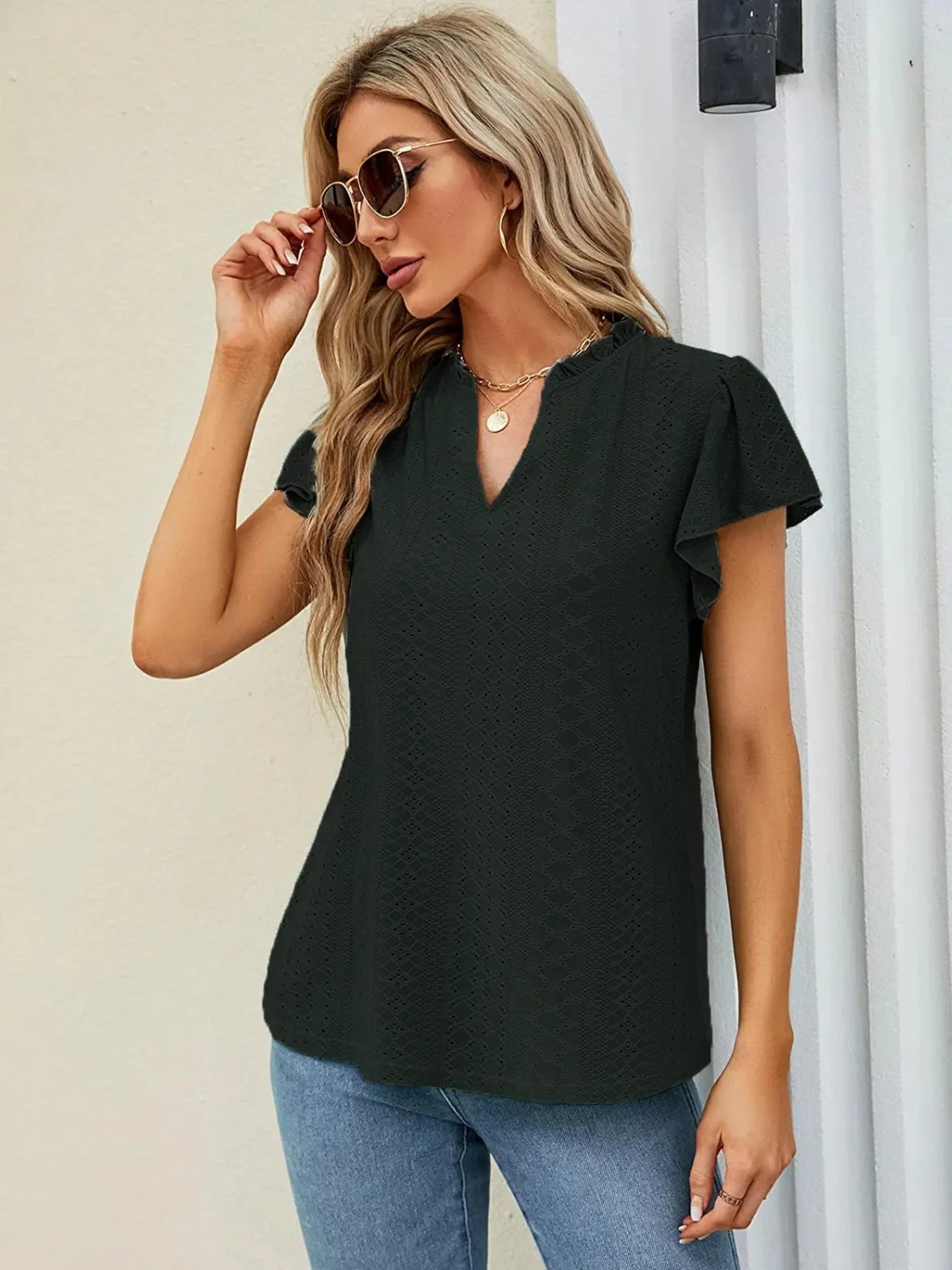 Eyelet Notched Short Sleeve T Shirt With Frills Stretchy - Southern Shores Clothing