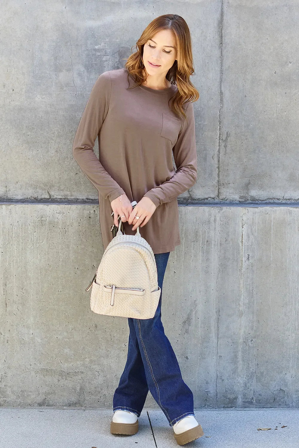 Round Neck Long Sleeve Top With Pockets Classic - Southern Shores Clothing