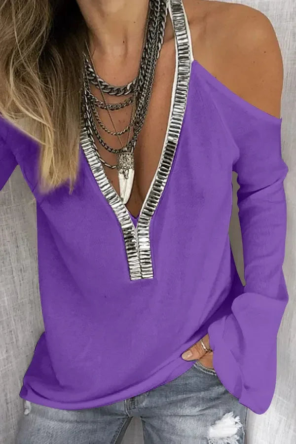 Sequin V-Neck Cold Shoulder Top With Stretchy Fabric - Southern Shores Clothing