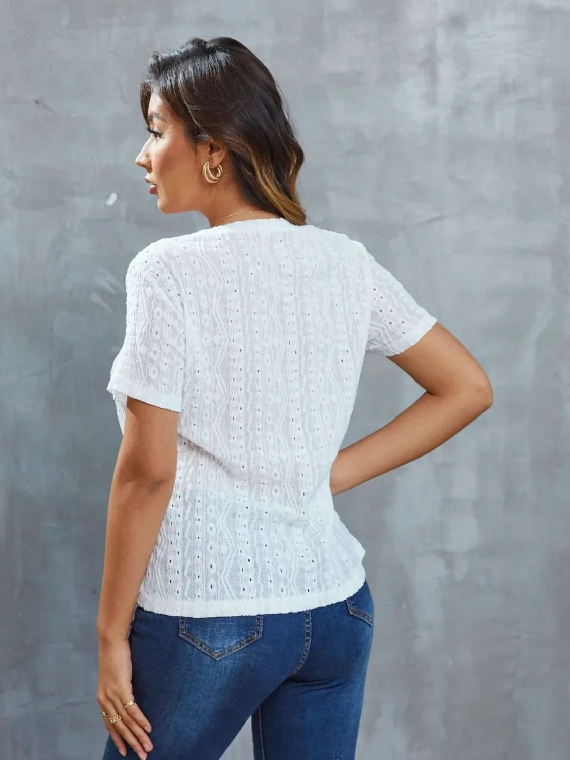 Openwork Short Sleeve Round Neck Top With Sheer Fabric - Southern Shores Clothing