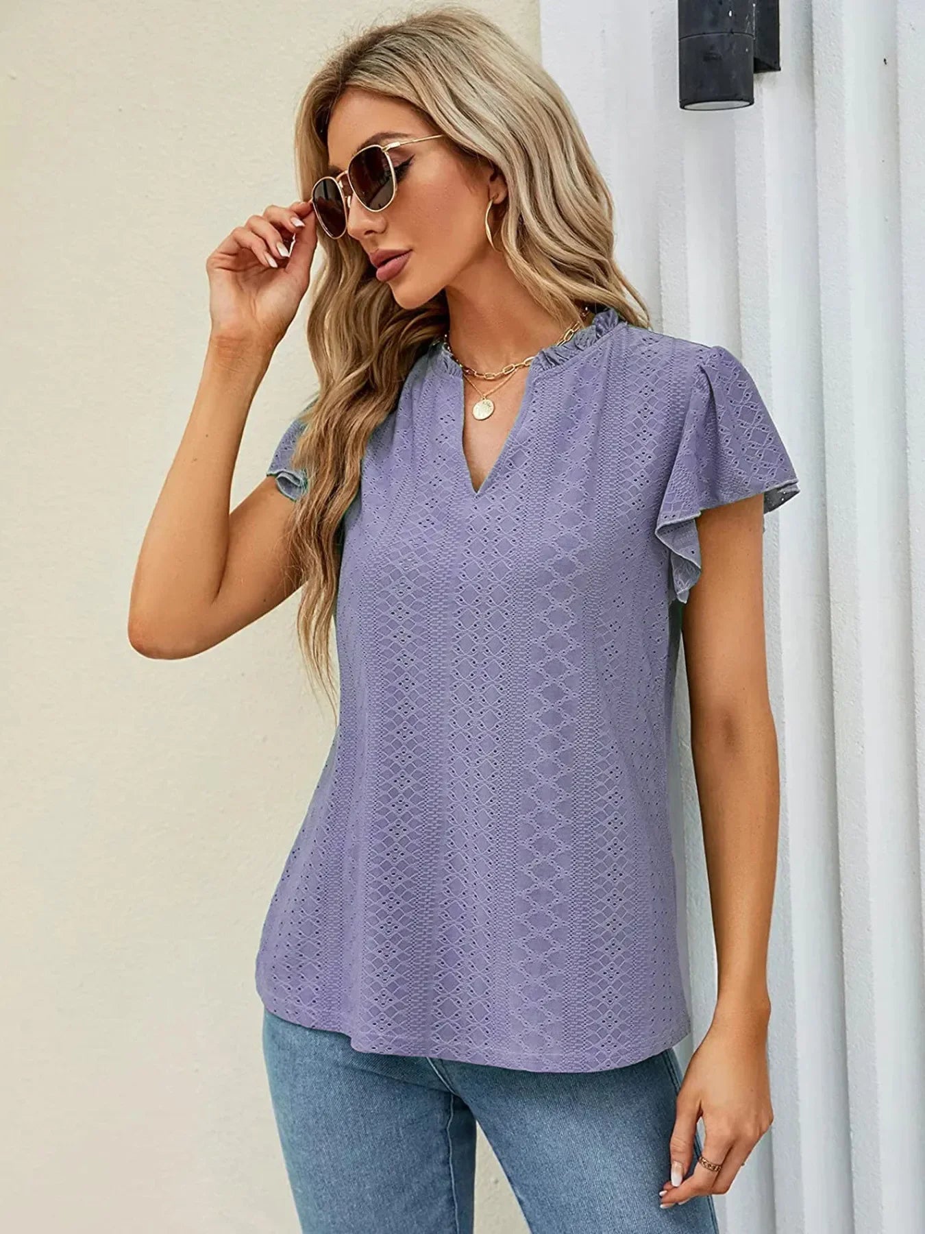Eyelet Notched Short Sleeve T Shirt With Frills Stretchy - Southern Shores Clothing