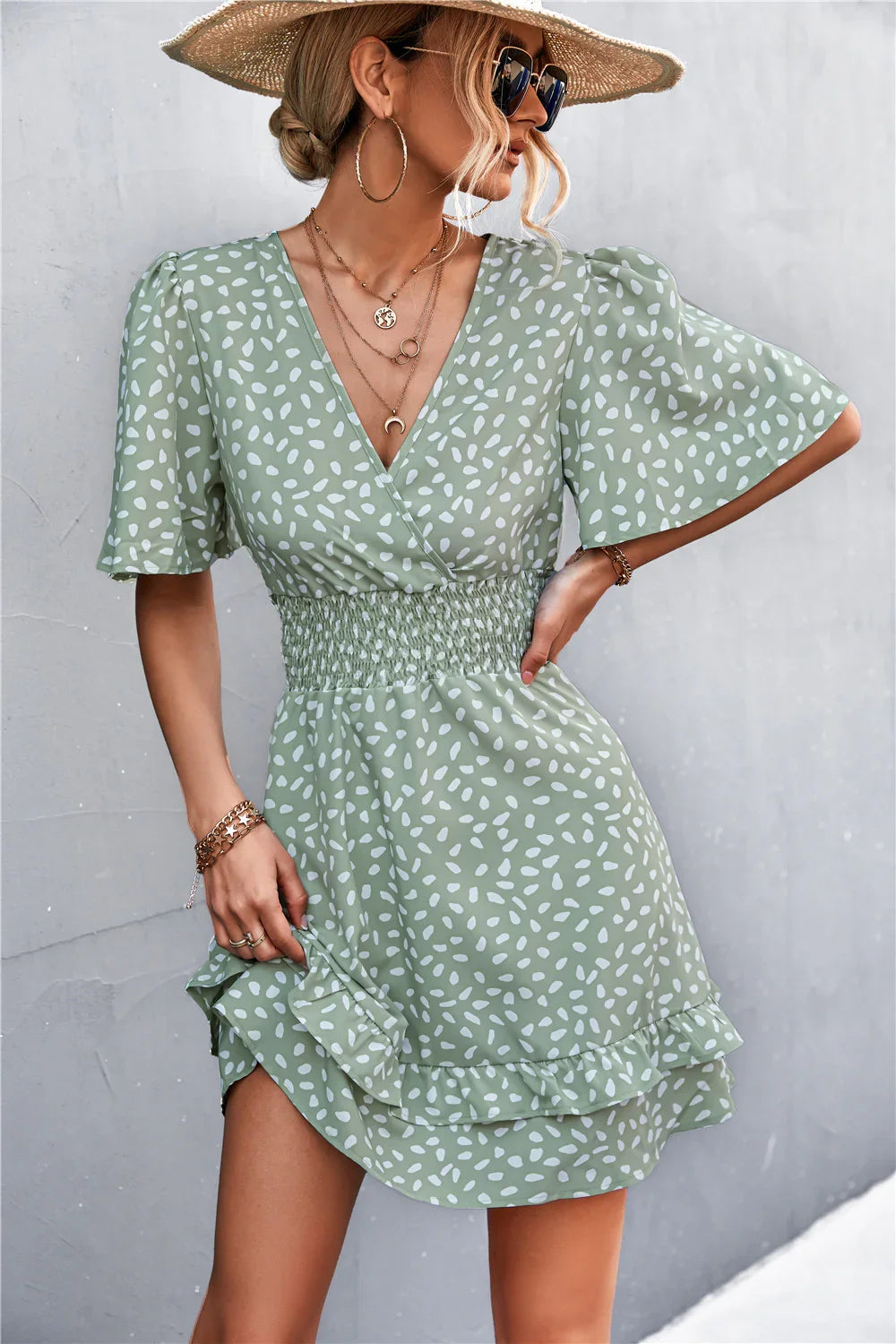 Printed Smocked Waist Layered Surplice Dress - Southern Shores Clothing
