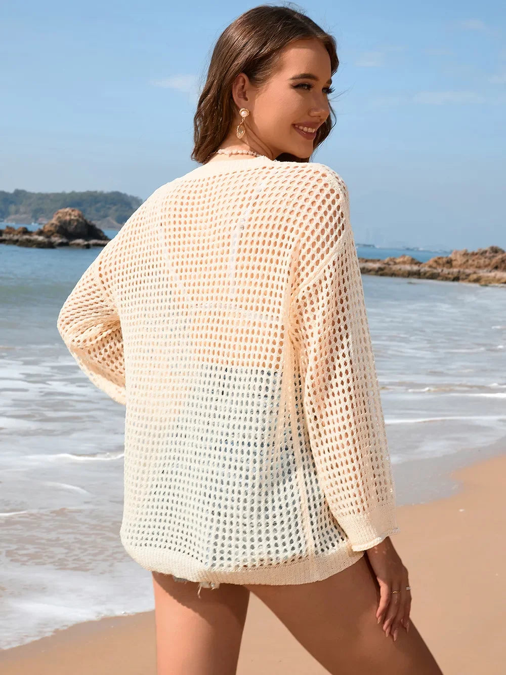 Openwork Dropped Shoulder Long Sleeve Cover Up - Southern Shores Clothing
