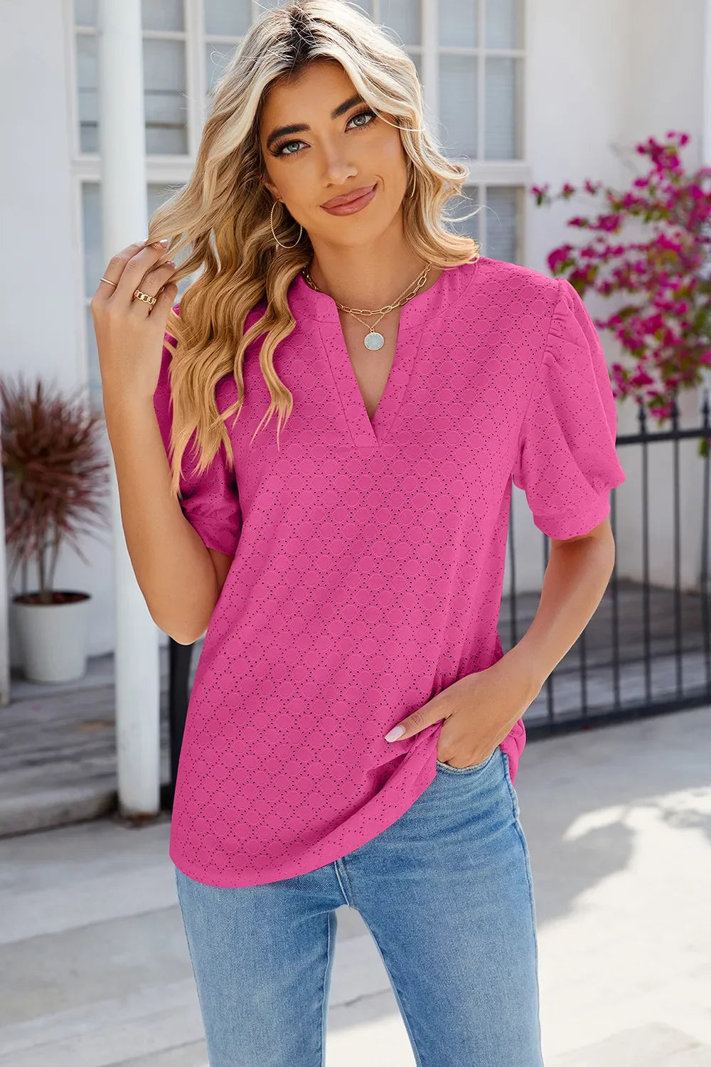 Eyelet Notched Puff Sleeve T-Shirt - Southern Shores Clothing