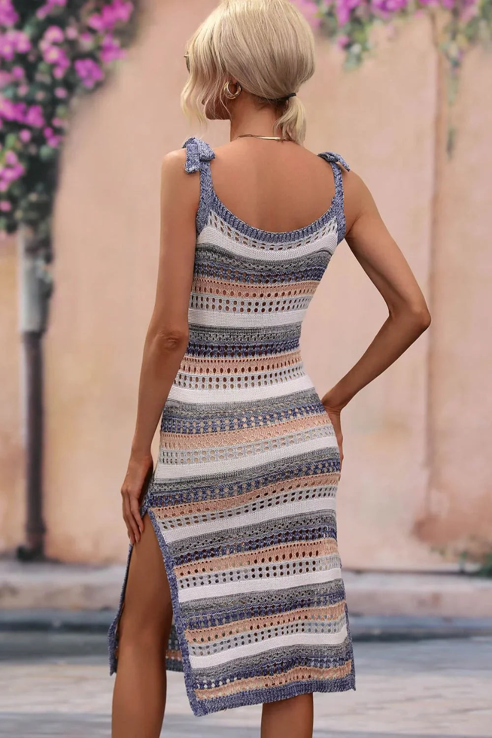 Striped Tie Shoulder Split Stretch Cover Up Dress - Southern Shores Clothing