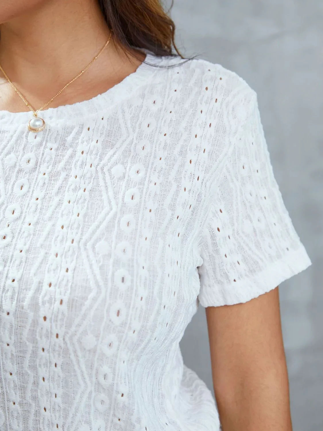 Openwork Short Sleeve Round Neck Top With Sheer Fabric - Southern Shores Clothing