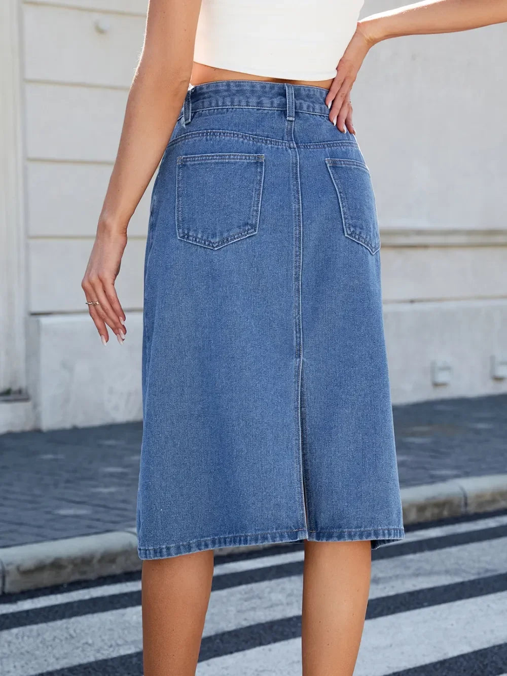 Relaxed Fit Denim Midi Skirt With Slit Back - Southern Shores Clothing