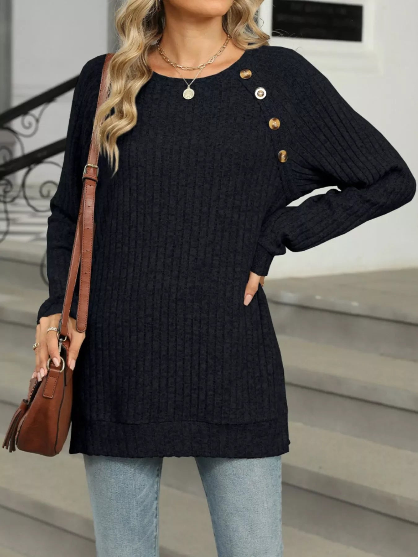 Round Neck Side Slit Ribbed Knit Top with Asymmetric Button Detail - Southern Shores Clothing