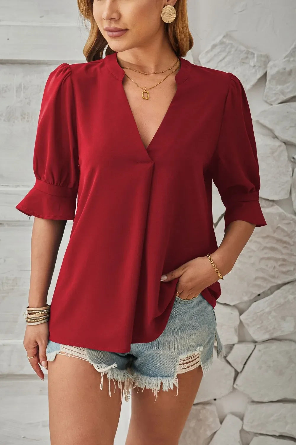 Notched Half Sleeve Blouse With Everyday Versatility - Southern Shores Clothing