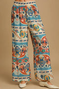 Plus Size Viscose Nylon Flowing Wide Leg Border Print Pants - Southern Shores Clothing