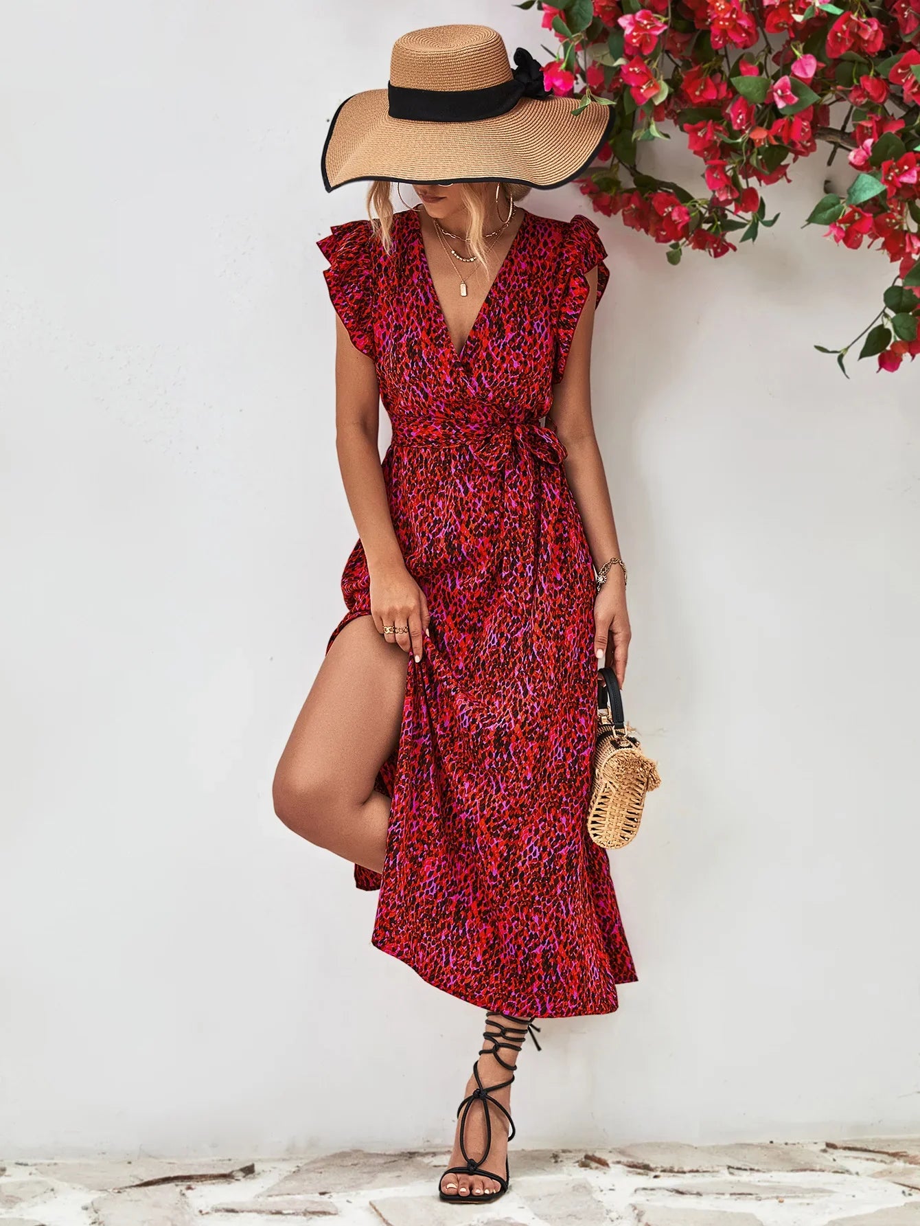 Printed Surplice Neck Flutter Sleeve Slit Dress - Southern Shores Clothing