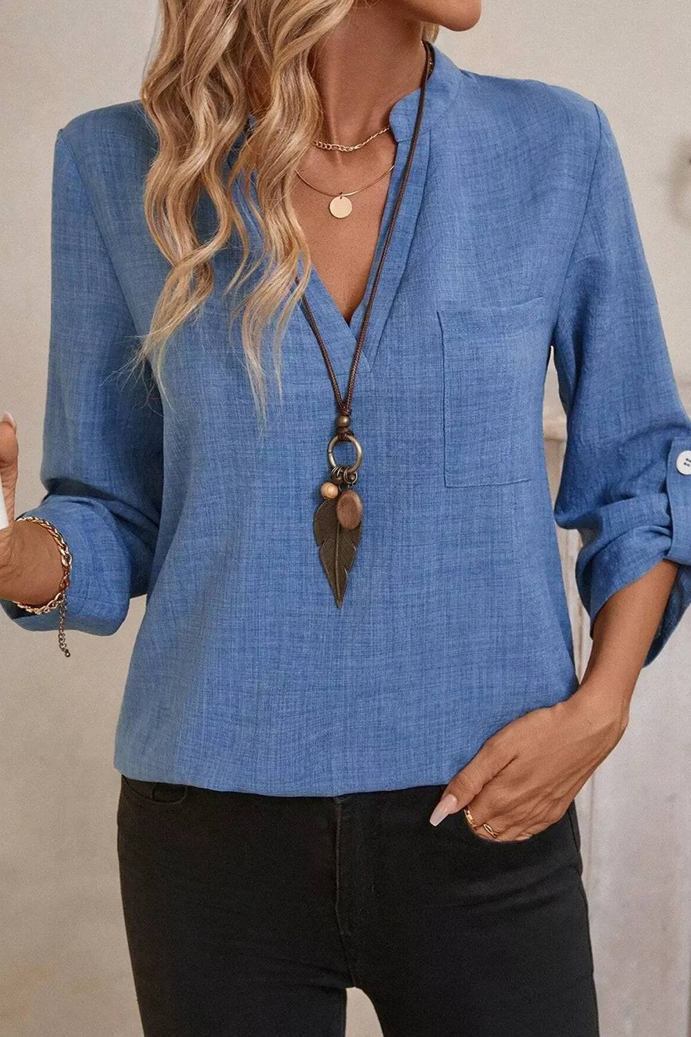 Casual Roll Up Sleeve Blouse With Notched Collar And Pocket - Southern Shores Clothing