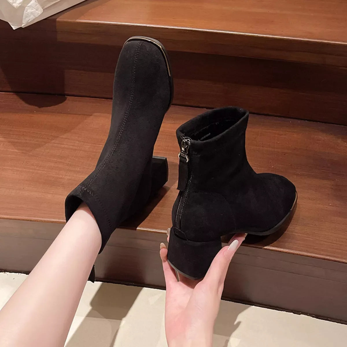 Square Toe Block Low Heel Suede Ankle Boots - Southern Shores Clothing