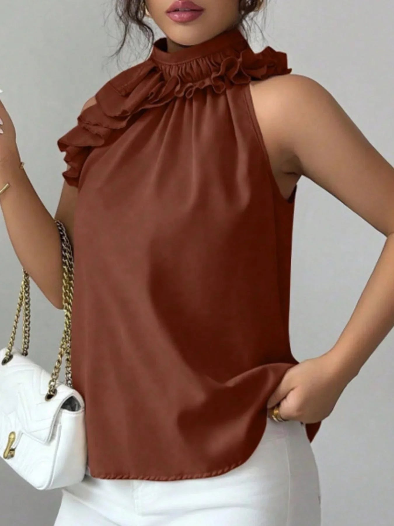 Ruffled High Neck Sleeveless Top With Draped Silhouette Detail - Southern Shores Clothing