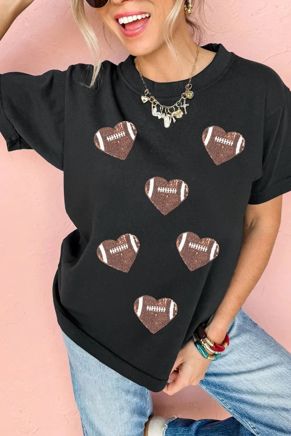 Game Day Football Heart Round Neck T Shirt Sequin Detail | Southern Shores Clothing - Southern Shores Clothing