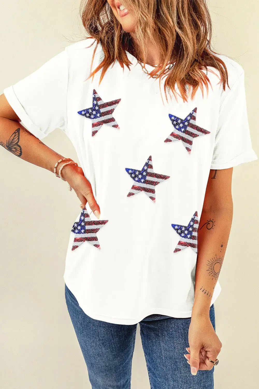Sequin Star Round Neck Short Sleeve T Shirt Opaque Fabric - Southern Shores Clothing