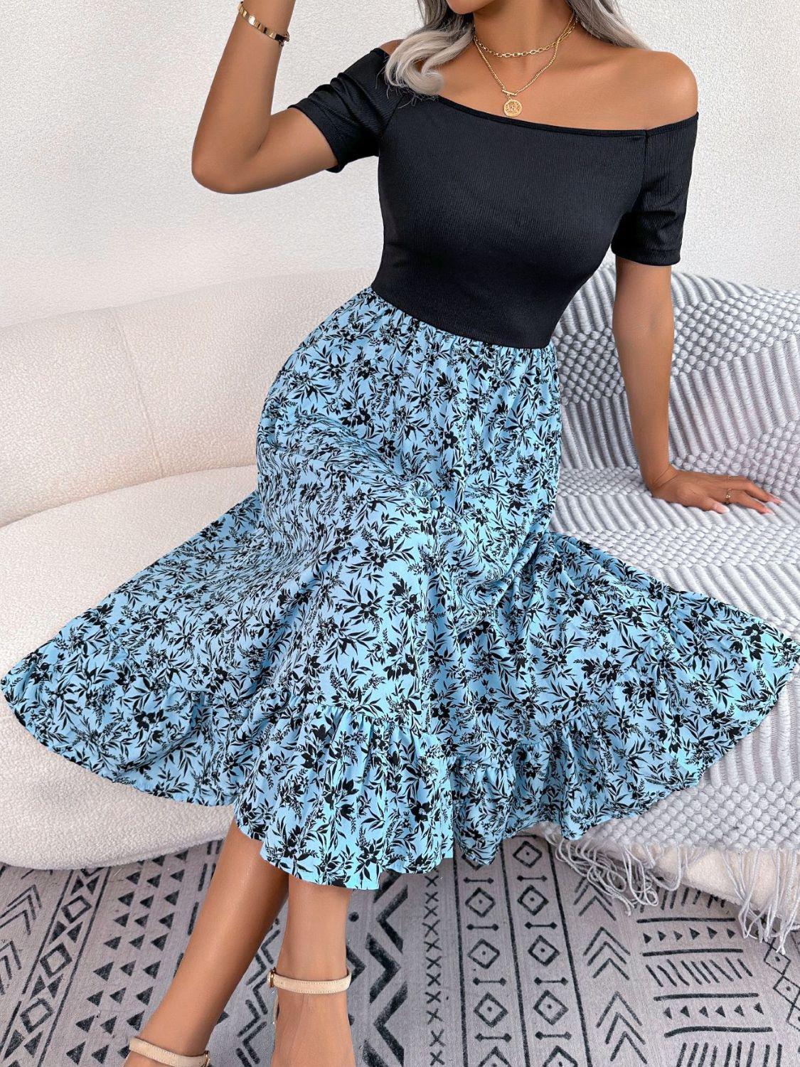 Printed Off-Shoulder Ruffle Hem Dress - Southern Shores Clothing