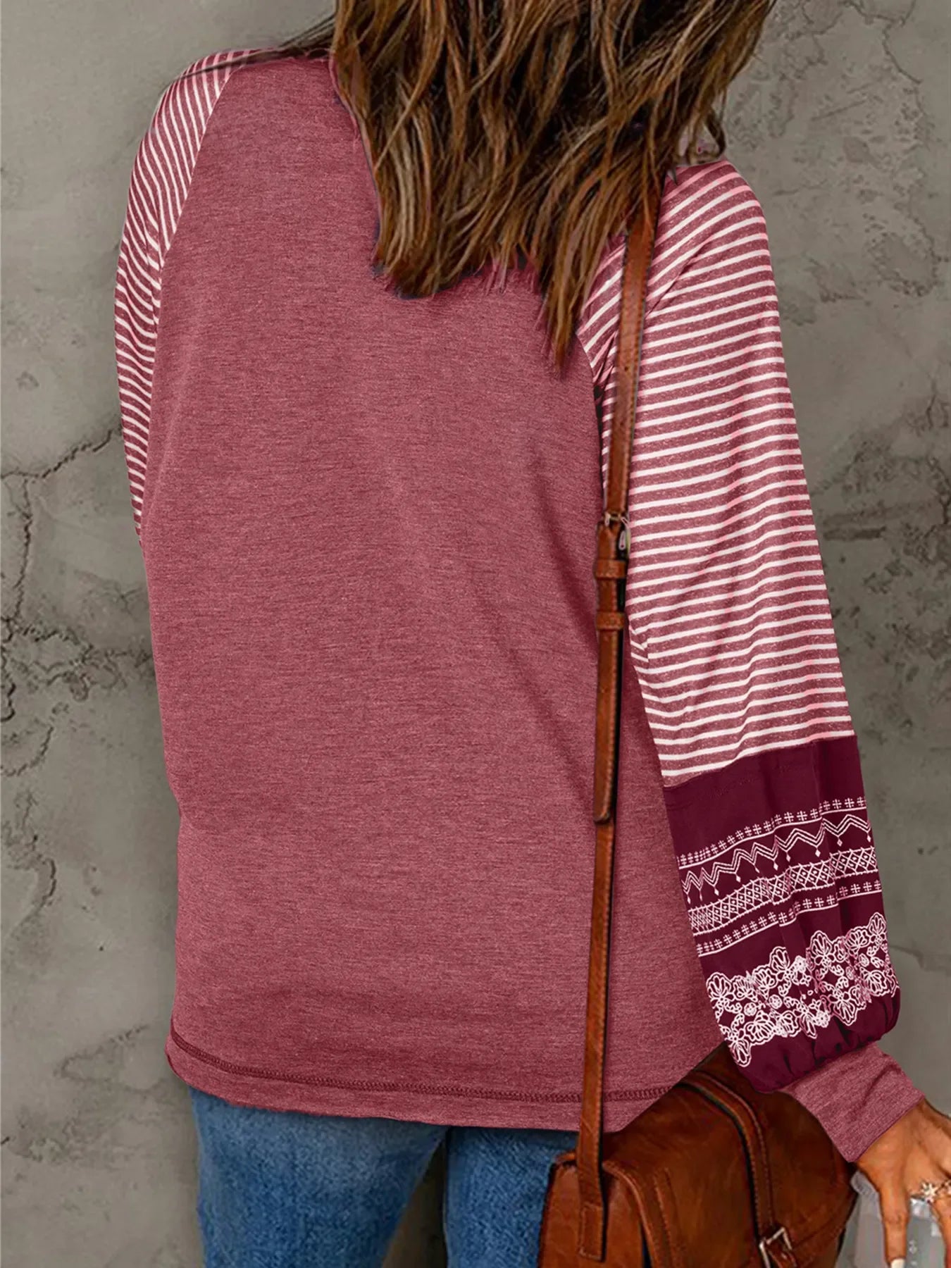 Contrast Print Striped Raglan Long Sleeve Loose Top - Southern Shores Clothing