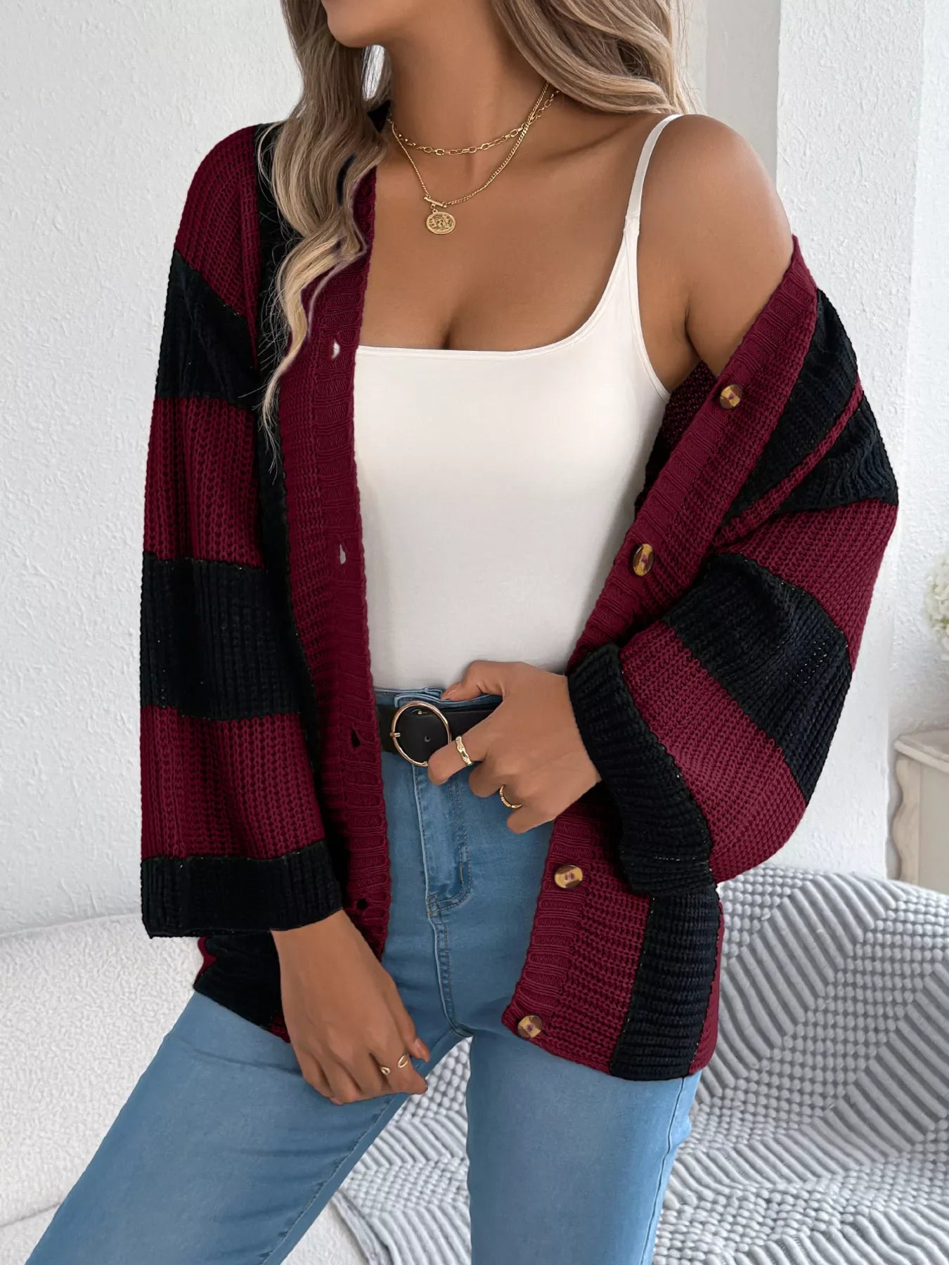 Block Pattern Button-Up Cardigan With Slight Stretch - Southern Shores Clothing