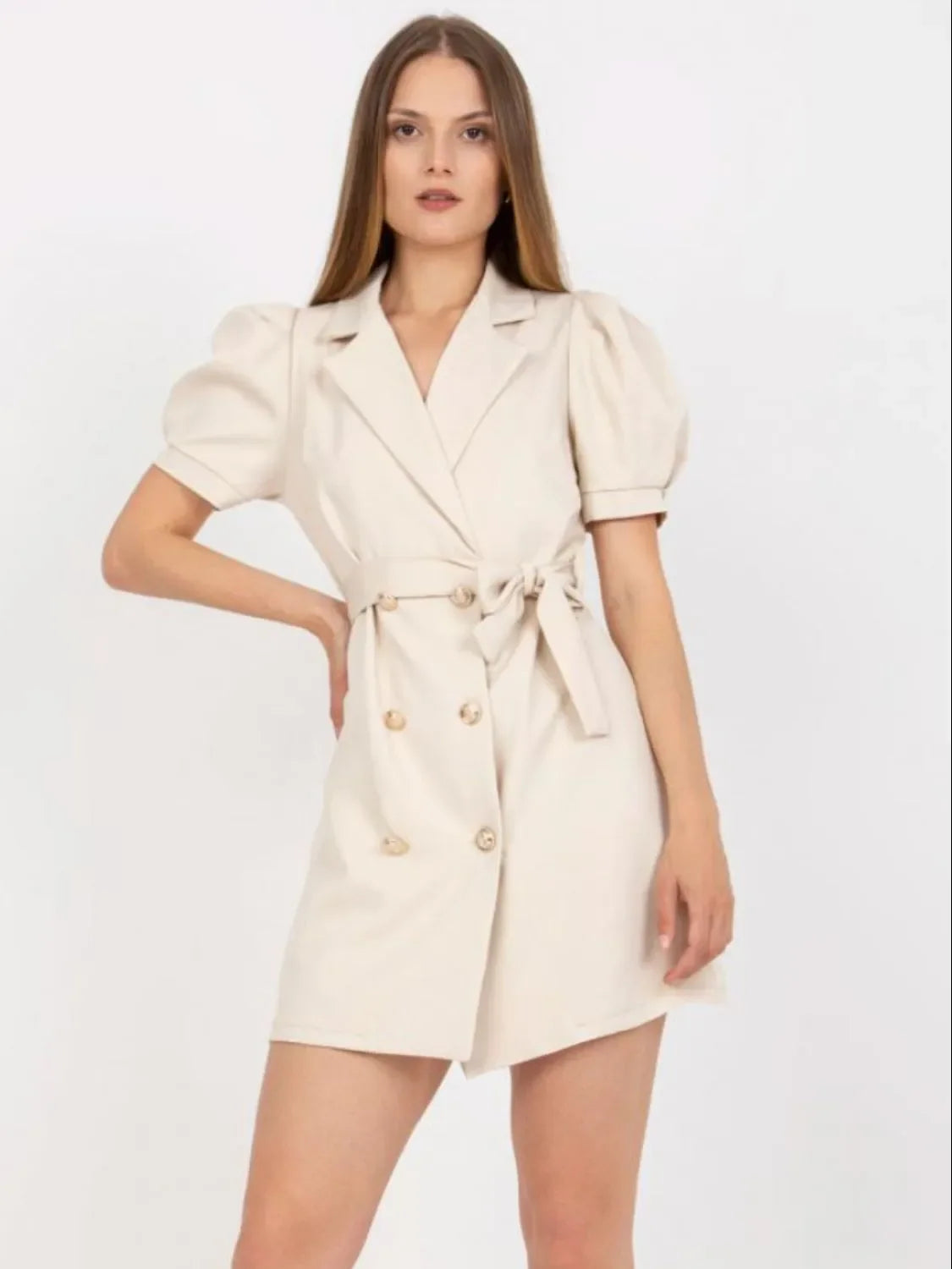 Tie Waist Short Sleeve Blazer Dress For Daily Wear - Southern Shores Clothing