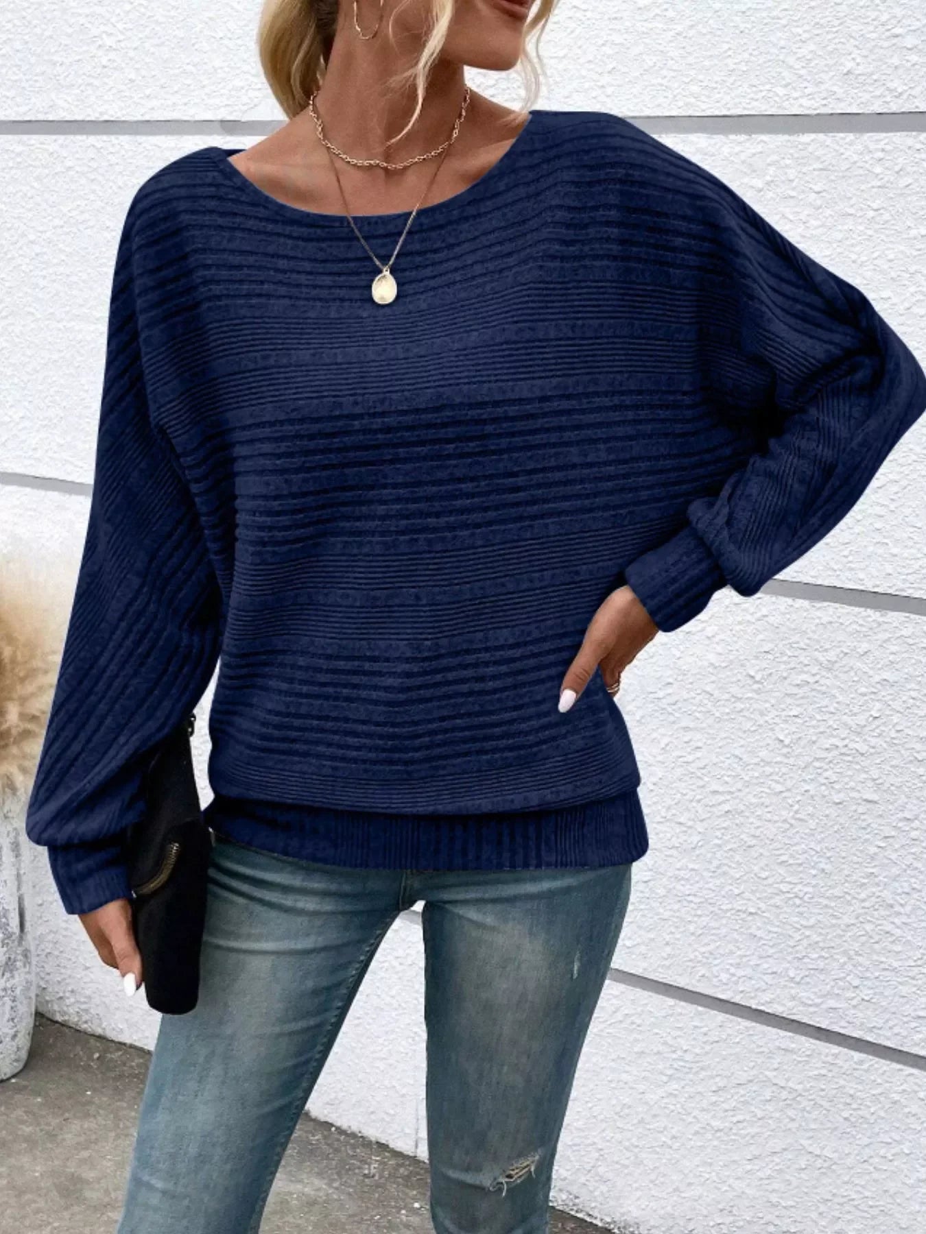 Ribbed Round-Neck Long-Sleeve T-Shirt With Slight Stretch - Southern Shores Clothing