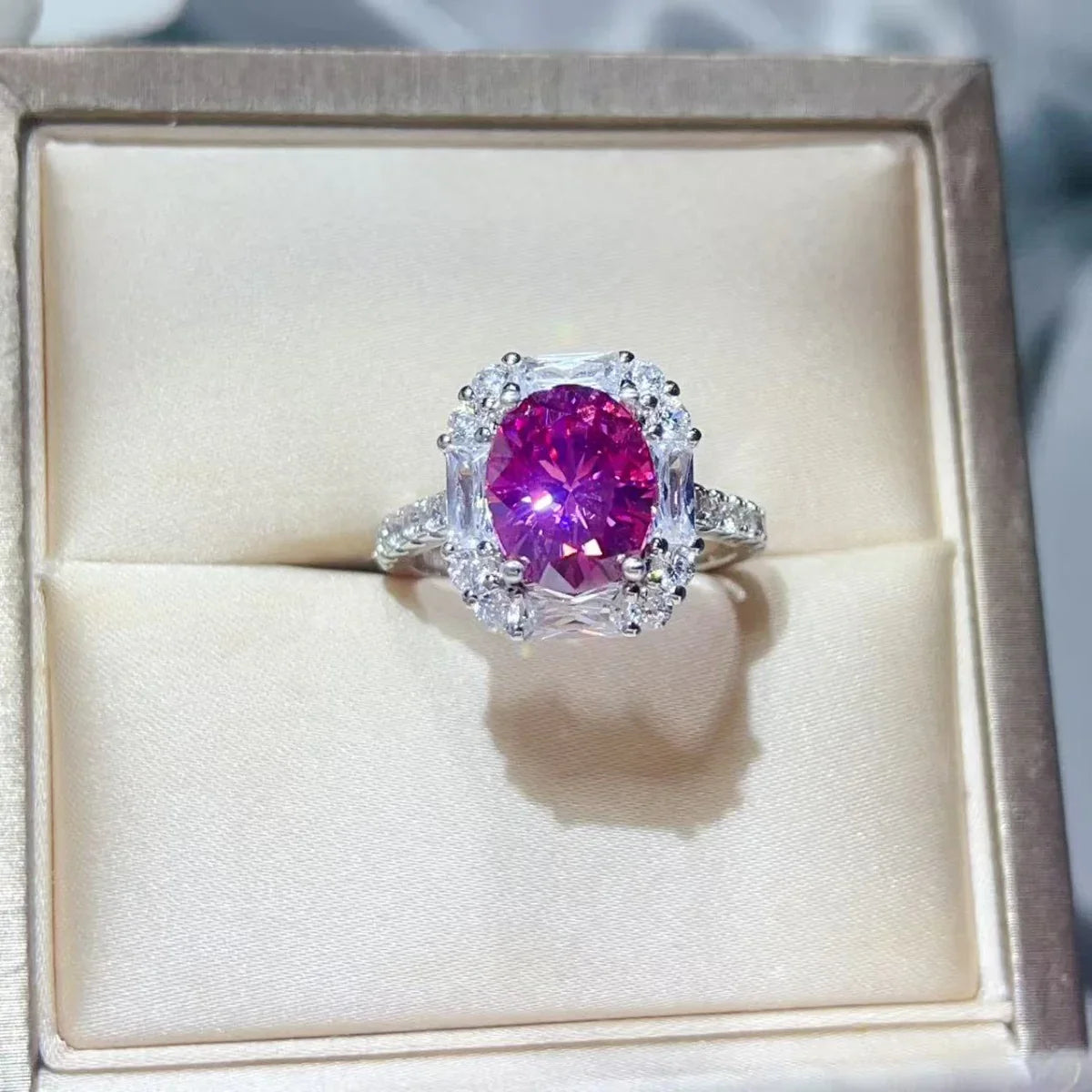 Three Carat Moissanite Ring In Sterling Silver With Halo Setting - Southern Shores Clothing